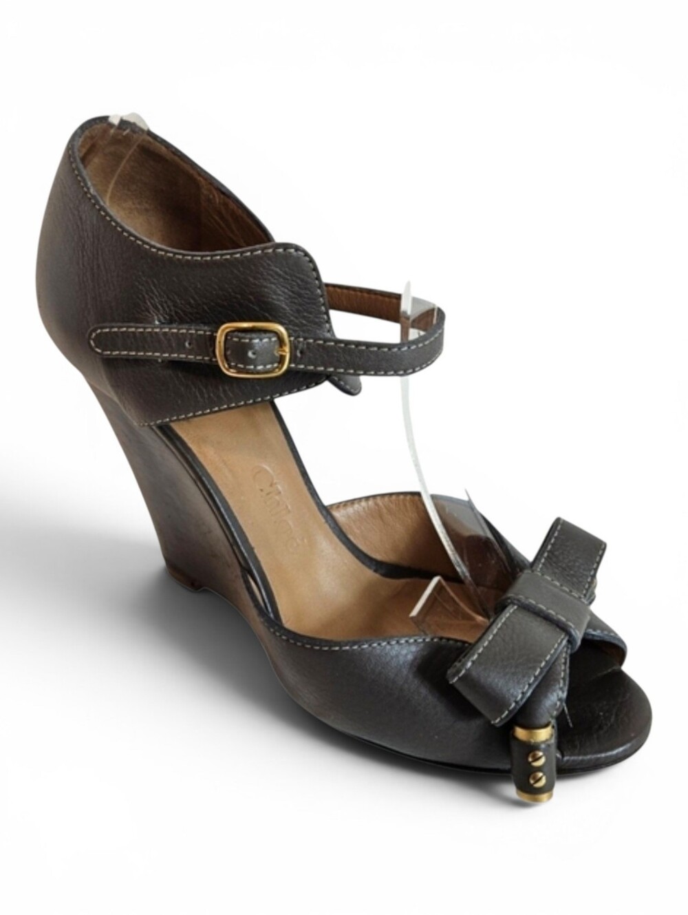 Chloé Peep Toe Wedge Sandals Sz 38.5 Bow Detail Gold Hardware Leather Gray Italy